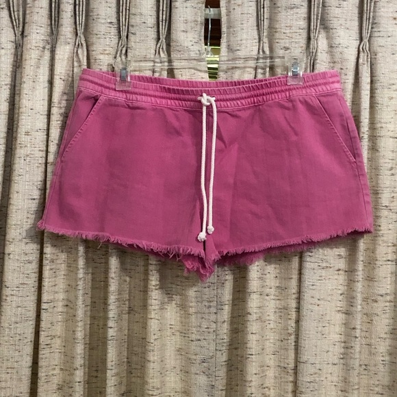 aerie Pants - Aerie Pink Raw Frayed Hem Drawstring Elastic Waist Cut-off Denim Shorts - XL